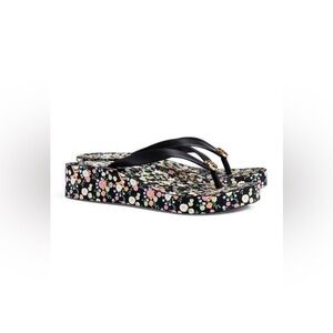 Tory Burch Thandie Black Floral Wedge Flip Flop Sandals 9.5 M